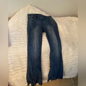 High waisted button down, flared denim jeans